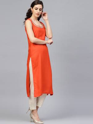   Solid Orange Sleeveless Straight Rayon Kurta 4