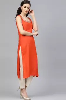   Solid Orange Sleeveless Straight Rayon Kurta