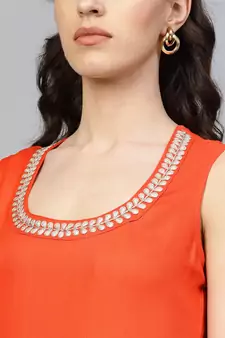  Solid Orange Sleeveless Straight Rayon Kurta