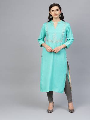   Sea Green Hand Embroidered Straight Rayon Kurta 1