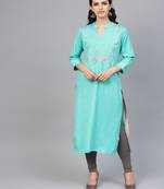Geroo Jaipur Sea Green Hand Embroidered Straight Rayon Kurta
