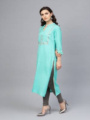  Sea Green Hand Embroidered Straight Rayon Kurta 2