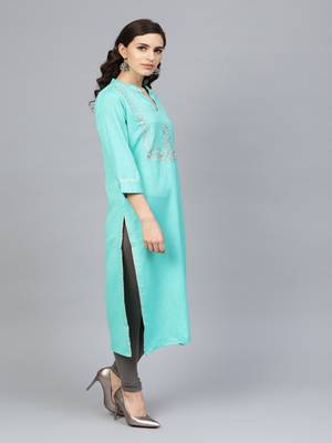   Sea Green Hand Embroidered Straight Rayon Kurta 3