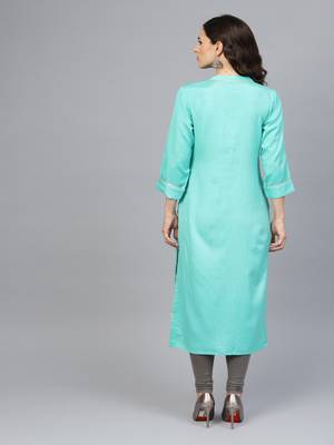   Sea Green Hand Embroidered Straight Rayon Kurta 4