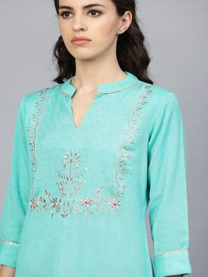   Sea Green Hand Embroidered Straight Rayon Kurta 5
