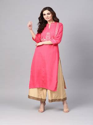   Pink Hand Embroidered Straight Rayon Kurta 1