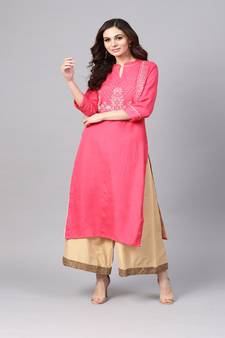 Geroo Jaipur Pink Hand Embroidered Straight Rayon Kurta