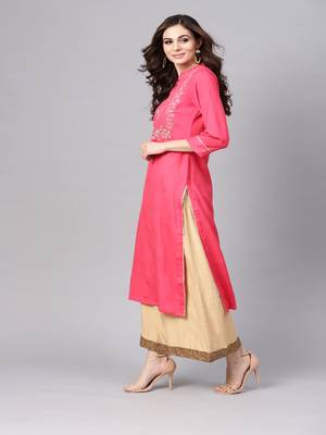   Pink Hand Embroidered Straight Rayon Kurta 2