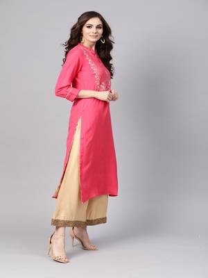   Pink Hand Embroidered Straight Rayon Kurta 3