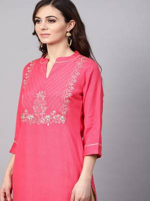   Pink Hand Embroidered Straight Rayon Kurta 5