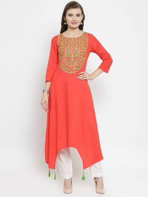   Orange embroidered rayon ethnic kurtis 1