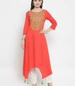 Geroo Jaipur Orange embroidered rayon ethnic-kurtis