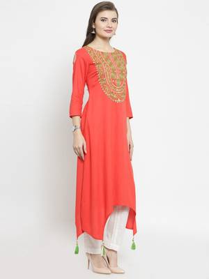   Orange embroidered rayon ethnic kurtis 2