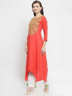   Orange embroidered rayon ethnic kurtis 3