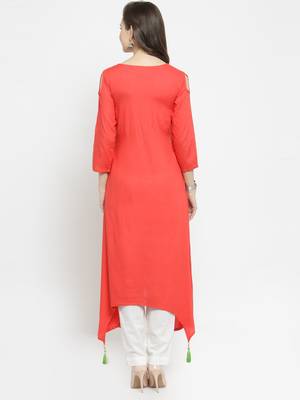  Orange embroidered rayon ethnic kurtis 4
