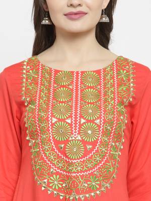   Orange embroidered rayon ethnic kurtis 5