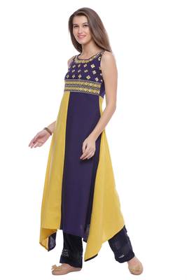   Yellow embroidered cotton ethnic kurtis 2