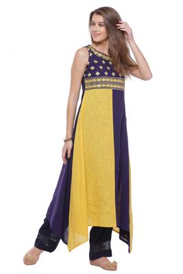   Yellow embroidered cotton ethnic kurtis 3