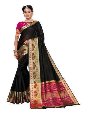 Black woven cotton silk saree with blouse 1