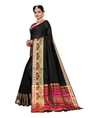 Black woven cotton silk saree with blouse 2