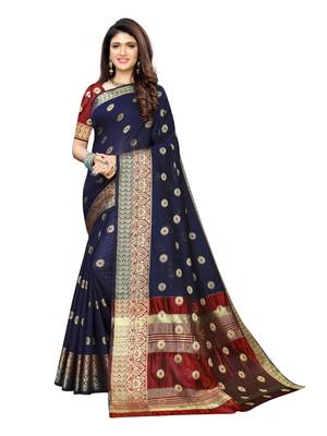 Navy blue woven cotton silk saree with blouse 1