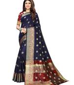 Navy blue woven cotton silk saree with blouse