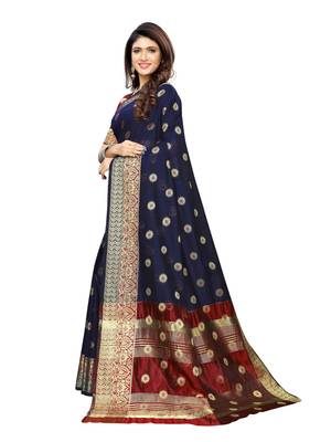 Navy blue woven cotton silk saree with blouse 2