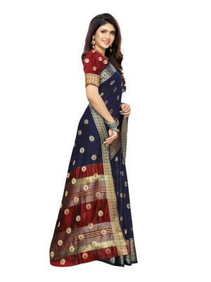 Navy blue woven cotton silk saree with blouse 3