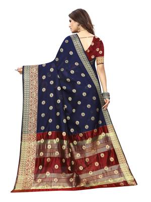 Navy blue woven cotton silk saree with blouse 4