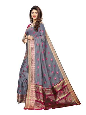 Grey woven cotton silk saree with blouse 2