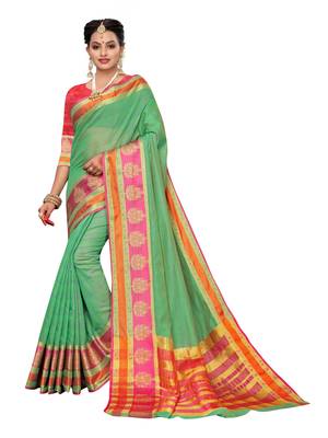 Green woven cotton silk saree with blouse 1