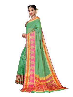 Green woven cotton silk saree with blouse 2