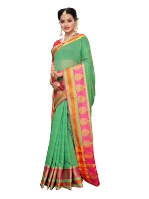 Green woven cotton silk saree with blouse 4