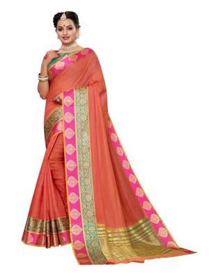Peach woven cotton silk saree with blouse 1