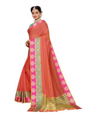 Peach woven cotton silk saree with blouse 2