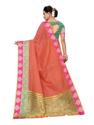 Peach woven cotton silk saree with blouse 3
