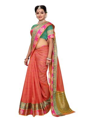 Peach woven cotton silk saree with blouse 4
