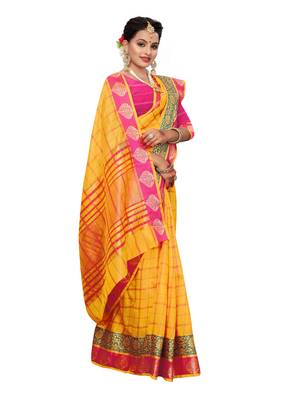 Yellow woven cotton silk saree with blouse 4
