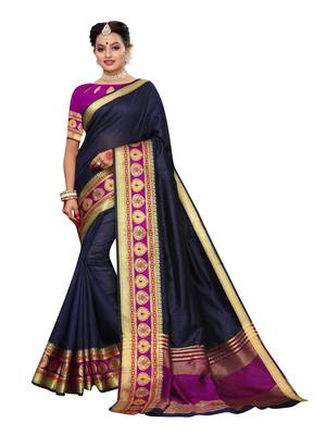Navy blue woven tussar silk saree with blouse 1