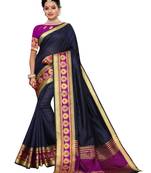 Navy blue woven tussar silk saree with blouse