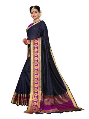 Navy blue woven tussar silk saree with blouse 2