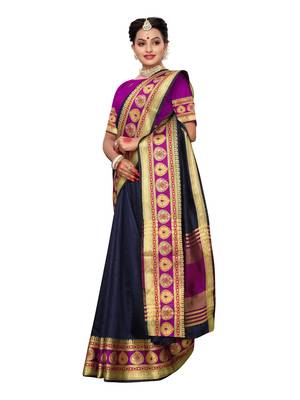 Navy blue woven tussar silk saree with blouse 4