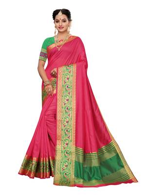 Pink Woven Tussar Silk Saree With Blouse 1
