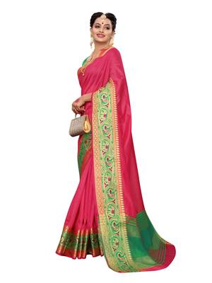 Pink Woven Tussar Silk Saree With Blouse 4