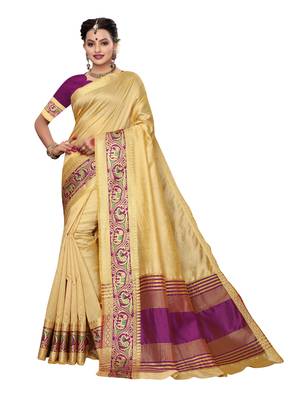 Beige Woven Tussar Silk Saree With Blouse 1