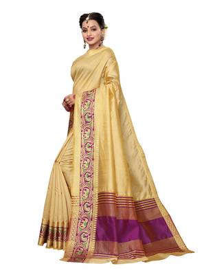 Beige Woven Tussar Silk Saree With Blouse 2