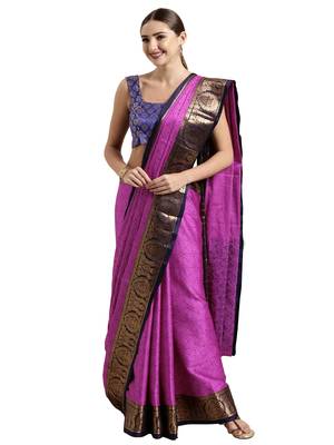Rani pink woven art silk saree with blouse 2