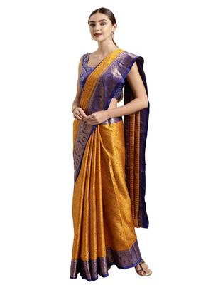 Yellow woven art silk saree with blouse 2