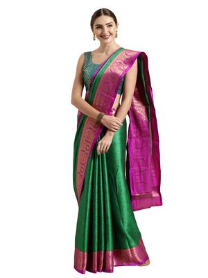 Green woven art silk saree with blouse 2
