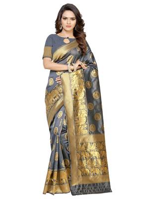 Grey woven poly silk saree with blouse 1
